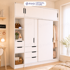 Tủ Gỗ Quần Áo Cửa Lùa Cao Cấp FC33 FIVO, Gỗ Dày 17mm, Kèm Hệ Kệ Trang Trí Sâu 60cm, Freeship+Free lắp đặt, Trả Góp 0%