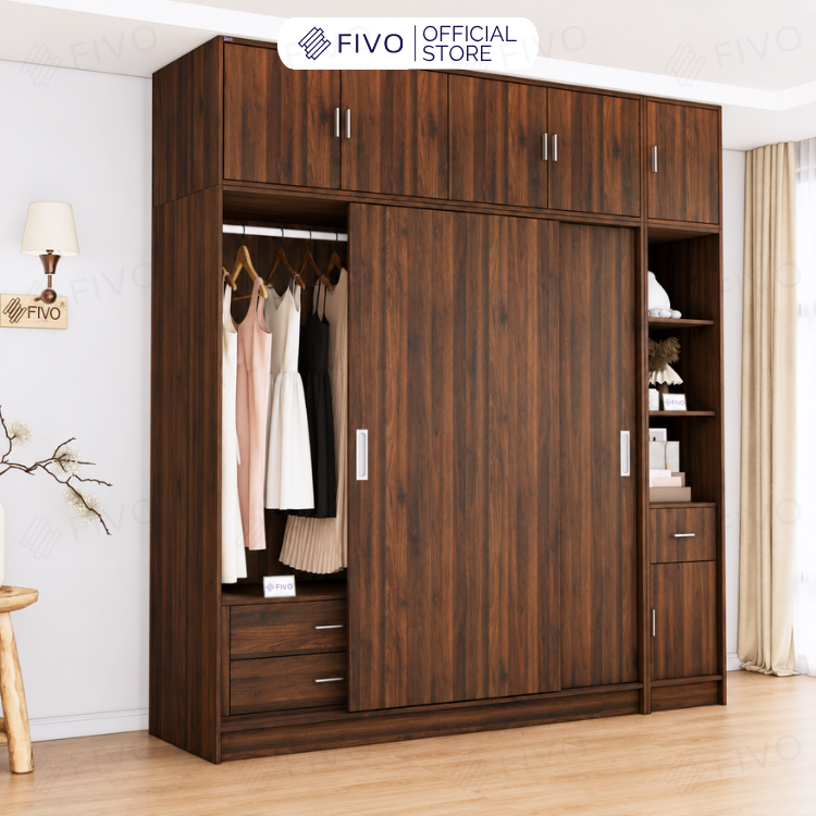 Tủ Quần Áo Gỗ Cửa Lùa Cao Cấp FC34 FIVO, Gỗ Dày 17mm Độ Sâu 60cm, Kèm Hệ Kệ Trang Trí, Freeship+Free lắp đặt, Trả Góp 0%