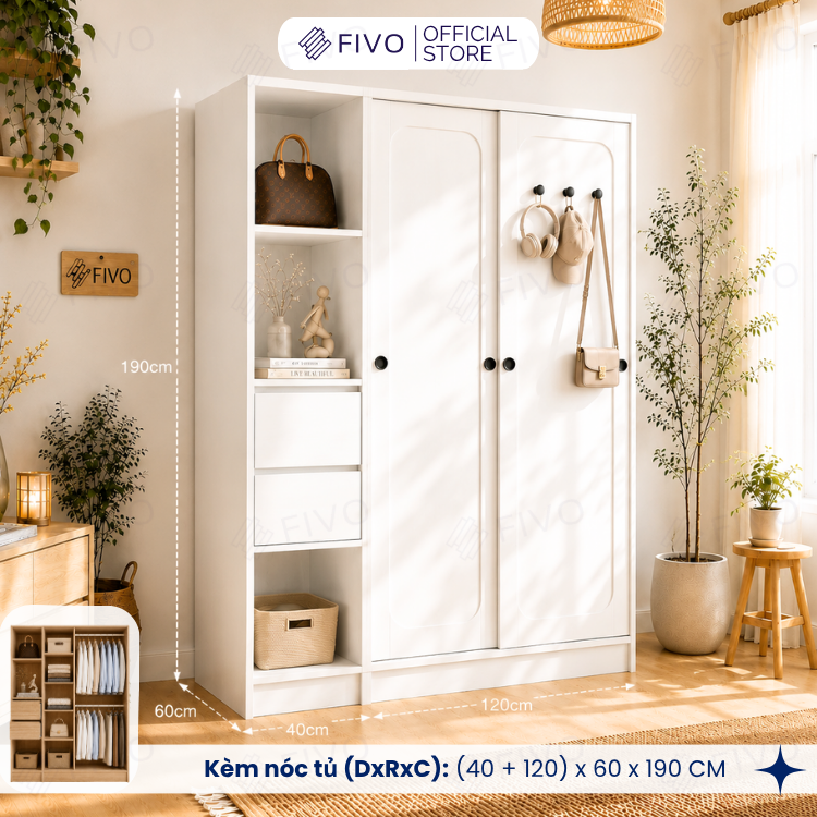Tủ Quần Áo Gỗ Cửa Lùa Cao Cấp FC37 FIVO, Gỗ Dày 17mm Độ Sâu 60cm, Kèm Hệ Trang Trí, Freeship+Free Lắp Đặt, Trả Góp 0%