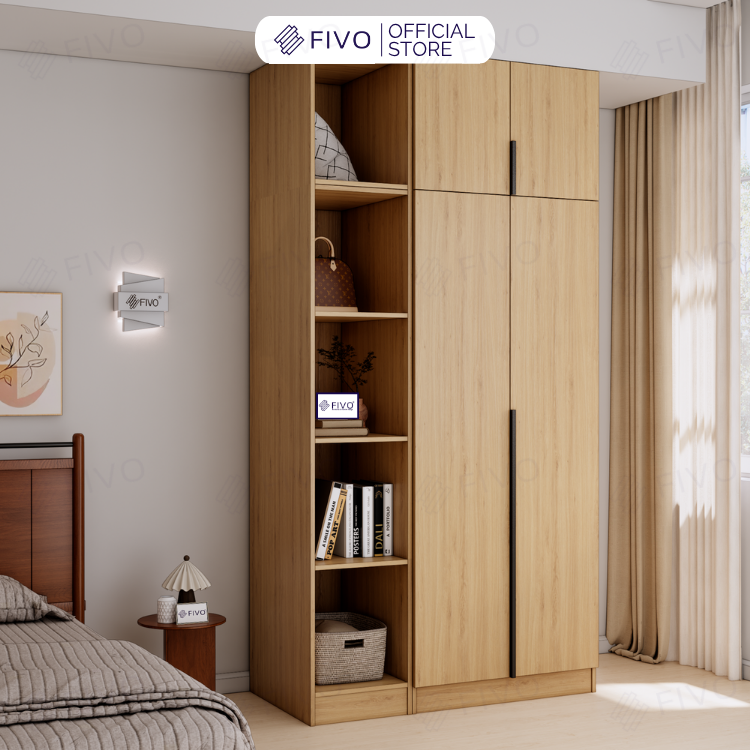 Tủ Đựng Quần Áo Gỗ Cao Cấp FC04 FIVO, Tủ Màu Gỗ Cánh Mở Sâu 60cm Kèm Kệ Trang Trí, Freeship+Free lắp đặt, Trả Góp 0%