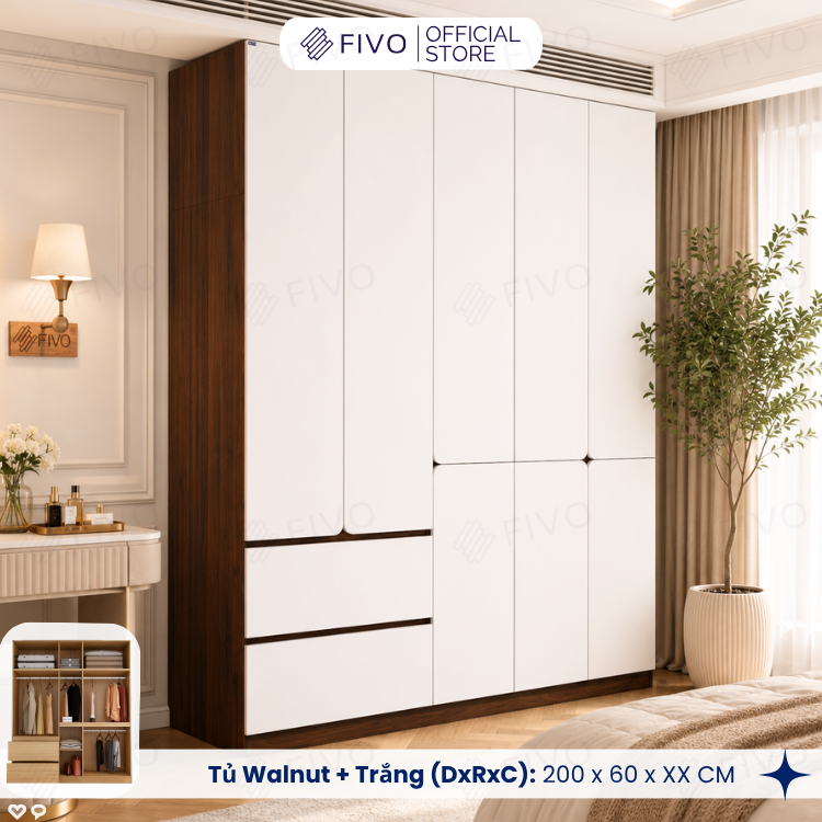 Tủ Quần Áo Gỗ Cao Cấp FC08 FIVO, Dày 17MM Cánh Mở Sâu 60cm, Thiết Kế Tinh Tế, Free ship+Free lắp đặt