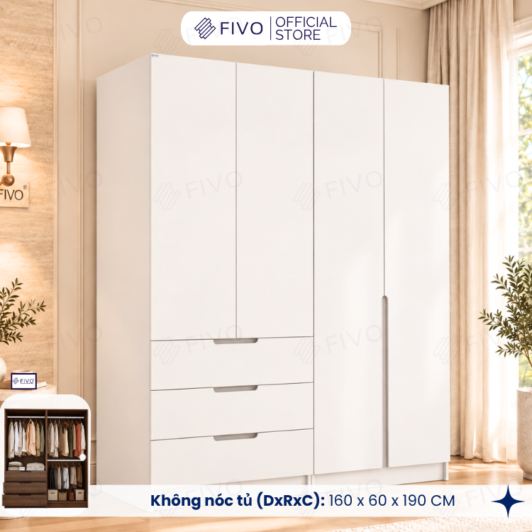 Tủ Đựng Quần Áo Gỗ Cao Cấp FC09 FIVO, Thiết Kế Cánh Mở Sâu 60cm, Kèm Ngăn Kéo, Freeship+Free Lắp Đặt, Trả Góp 0%