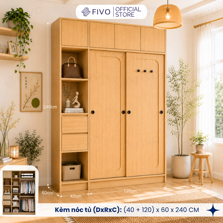 Tủ Quần Áo Gỗ Cửa Lùa Cao Cấp FC37 FIVO, Gỗ Dày 17mm Độ Sâu 60cm, Kèm Hệ Trang Trí, Freeship+Free Lắp Đặt, Trả Góp 0%