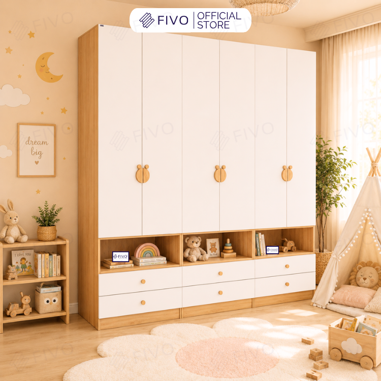 Tủ Gỗ Đựng Quần Áo Trẻ Em Cao Cấp FC03 FIVO, Tủ Sâu 60cm, Thiết Kế Hình Ngôi Nhà Độc Đáo, Freeship+Free lắp đặt, Trả Góp