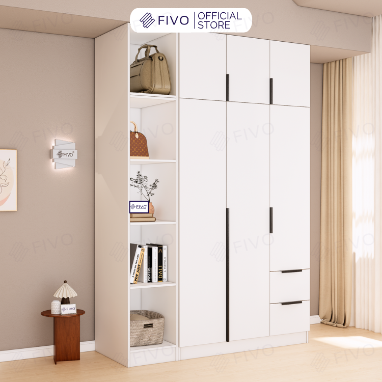 Tủ Đựng Quần Áo Gỗ Cao Cấp FC04 FIVO, Tủ Màu Gỗ Cánh Mở Sâu 60cm Kèm Kệ Trang Trí, Freeship+Free lắp đặt, Trả Góp 0%