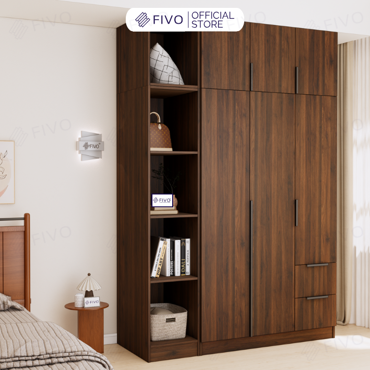 Tủ Đựng Quần Áo Gỗ Cao Cấp FC04 FIVO, Tủ Màu Gỗ Cánh Mở Sâu 60cm Kèm Kệ Trang Trí, Freeship+Free lắp đặt, Trả Góp 0%