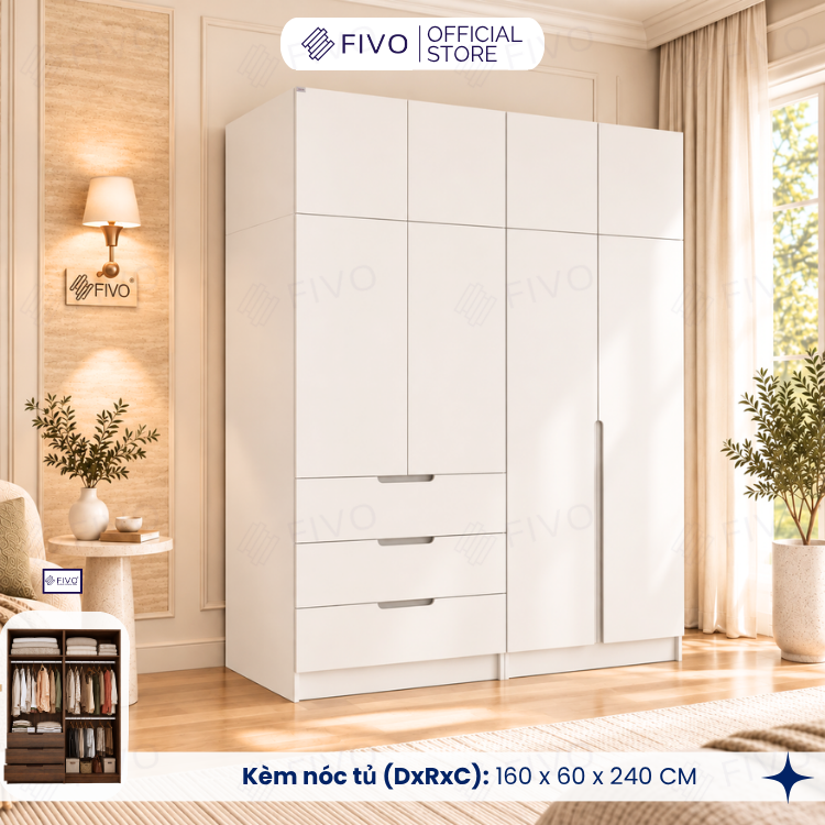 Tủ Đựng Quần Áo Gỗ Cao Cấp FC09 FIVO, Thiết Kế Cánh Mở Sâu 60cm, Kèm Ngăn Kéo, Freeship+Free Lắp Đặt, Trả Góp 0%