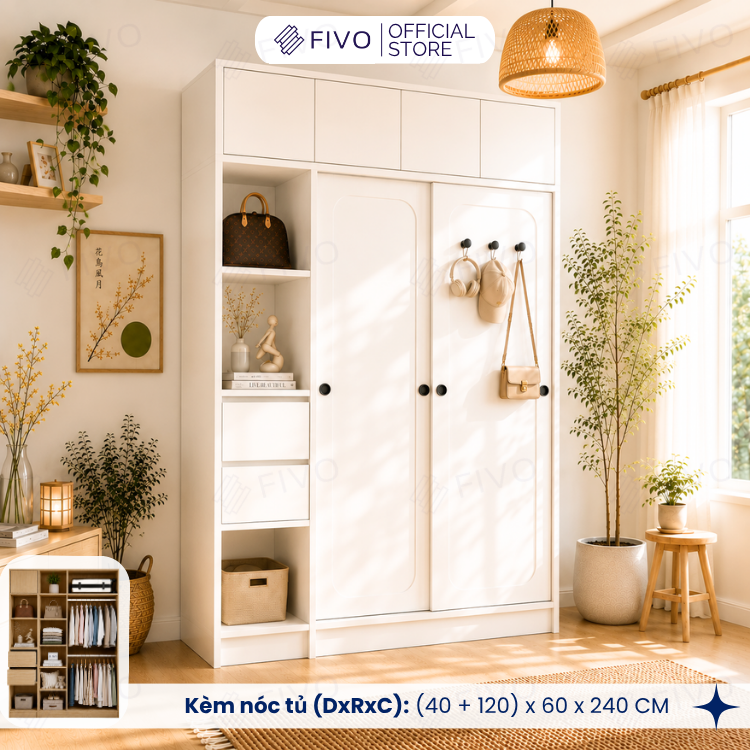 Tủ Quần Áo Gỗ Cửa Lùa Cao Cấp FC37 FIVO, Gỗ Dày 17mm Độ Sâu 60cm, Kèm Hệ Trang Trí, Freeship+Free Lắp Đặt, Trả Góp 0%