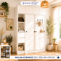 Tủ Quần Áo Gỗ Cửa Lùa Cao Cấp FC37 FIVO, Gỗ Dày 17mm Độ Sâu 60cm, Kèm Hệ Trang Trí, Freeship+Free Lắp Đặt, Trả Góp 0%