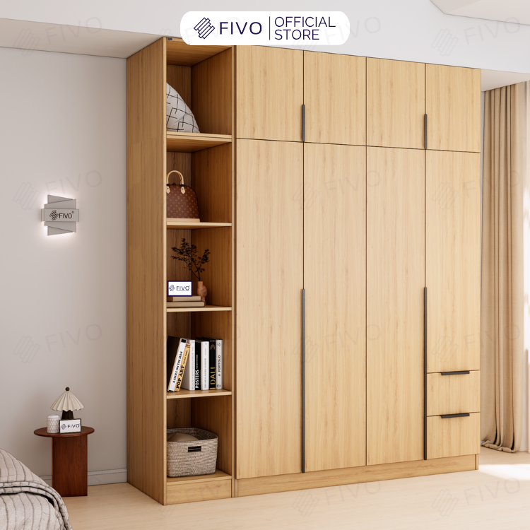 Tủ Đựng Quần Áo Gỗ Cao Cấp FC04 FIVO, Tủ Màu Gỗ Cánh Mở Sâu 60cm Kèm Kệ Trang Trí, Freeship+Free lắp đặt, Trả Góp 0%
