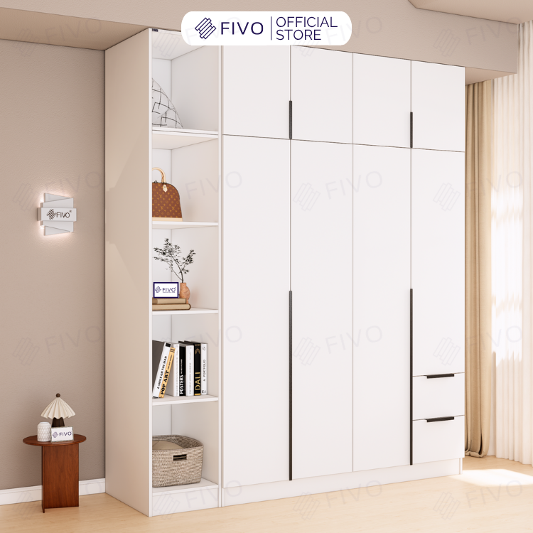 Tủ Đựng Quần Áo Gỗ Cao Cấp FC04 FIVO, Tủ Màu Gỗ Cánh Mở Sâu 60cm Kèm Kệ Trang Trí, Freeship+Free lắp đặt, Trả Góp 0%