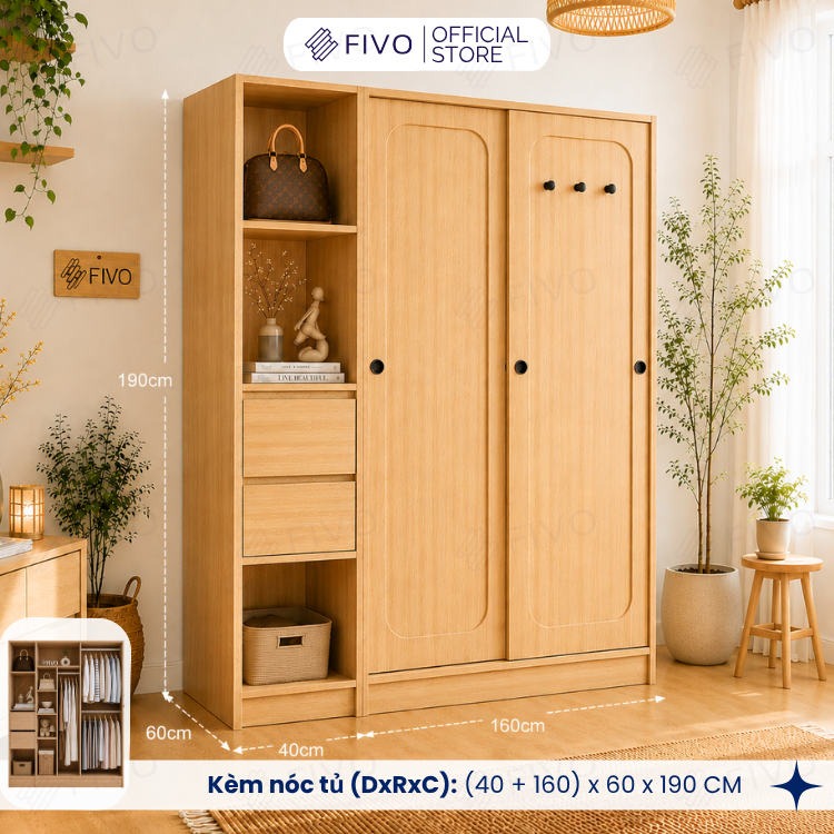 Tủ Quần Áo Gỗ Cửa Lùa Cao Cấp FC37 FIVO, Gỗ Dày 17mm Độ Sâu 60cm, Kèm Hệ Trang Trí, Freeship+Free Lắp Đặt, Trả Góp 0%