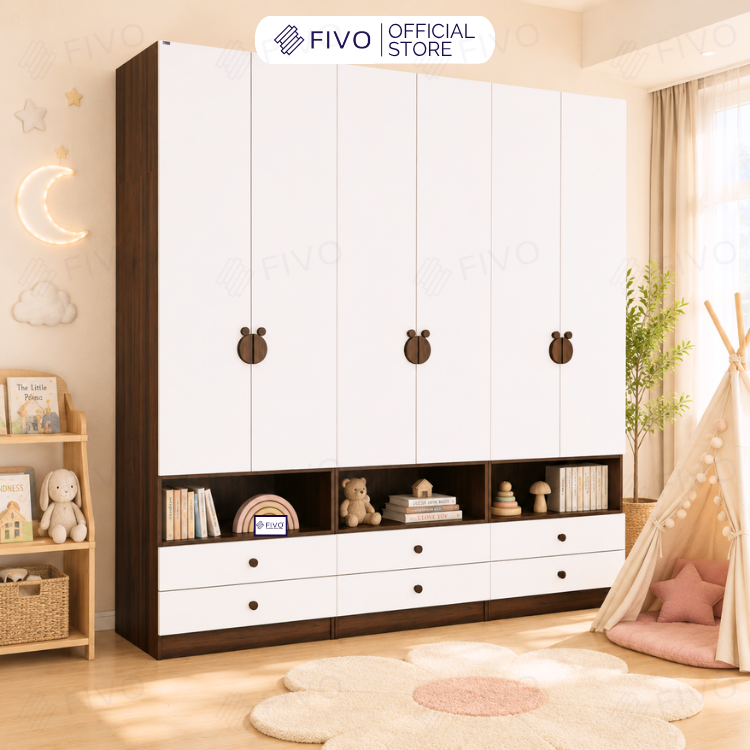 Tủ Gỗ Đựng Quần Áo Trẻ Em Cao Cấp FC03 FIVO, Tủ Sâu 60cm, Thiết Kế Hình Ngôi Nhà Độc Đáo, Freeship+Free lắp đặt, Trả Góp