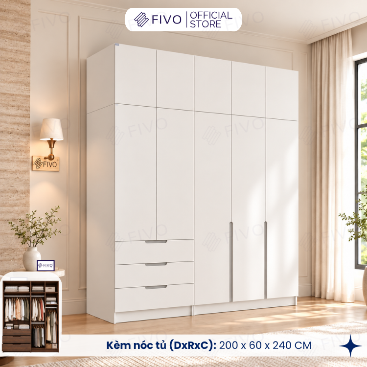 Tủ Đựng Quần Áo Gỗ Cao Cấp FC09 FIVO, Thiết Kế Cánh Mở Sâu 60cm, Kèm Ngăn Kéo, Freeship+Free Lắp Đặt, Trả Góp 0%