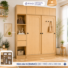 Tủ Quần Áo Gỗ Cửa Lùa Cao Cấp FC37 FIVO, Gỗ Dày 17mm Độ Sâu 60cm, Kèm Hệ Trang Trí, Freeship+Free Lắp Đặt, Trả Góp 0%