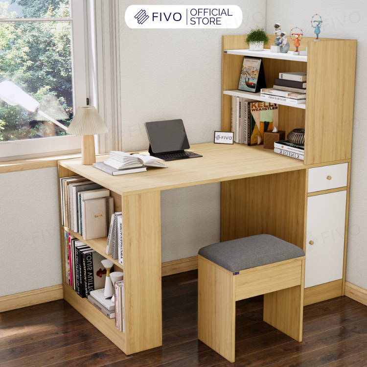 Bộ Bàn Ghế Làm Việc Kết Hợp Kệ Sách FD04 FIVO, Gỗ Chống Ẩm Cao Cấp, Thiết Kế 3 Trong 1
