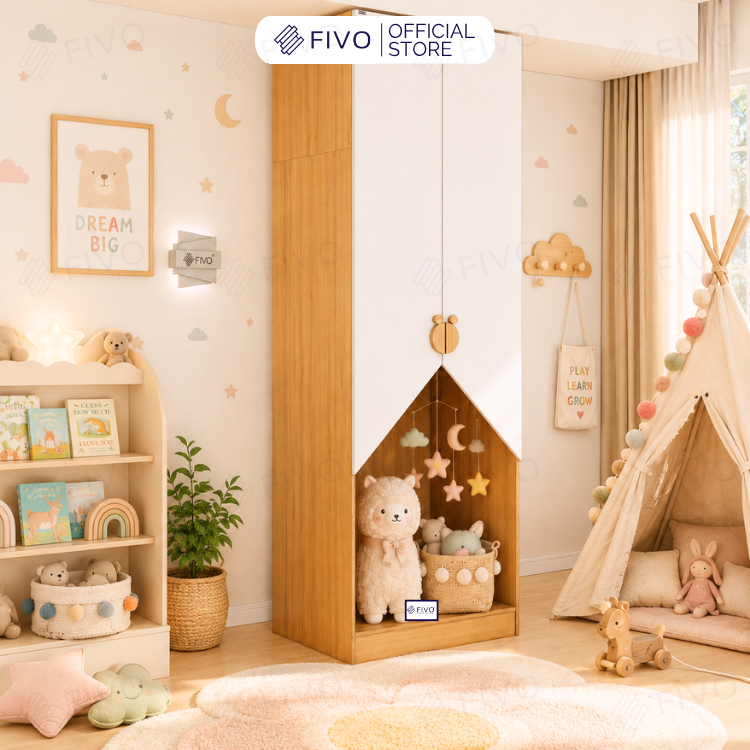 Tủ Gỗ Đựng Quần Áo Trẻ Em Cao Cấp FC03 FIVO, Tủ Sâu 60cm, Thiết Kế Hình Ngôi Nhà Độc Đáo, Freeship+Free lắp đặt, Trả Góp
