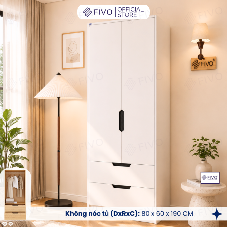 Tủ Đựng Quần Áo Gỗ Cao Cấp FC07 FIVO, Dày 17MM Cánh Mở Sâu 60cm Kèm Kệ Trang Trí, Freeship+Free lắp đặt, Trả Góp 0