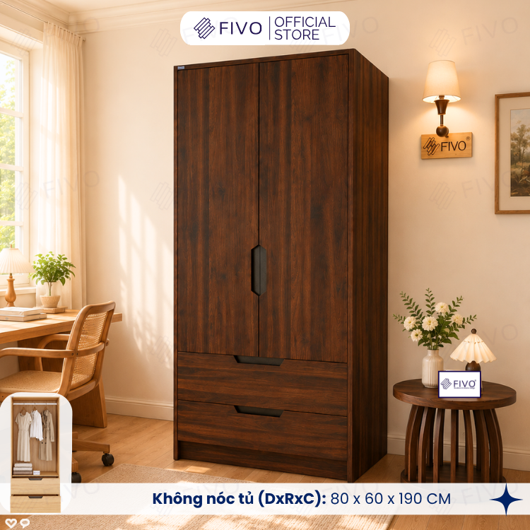 Tủ Đựng Quần Áo Gỗ Cao Cấp FC07 FIVO, Dày 17MM Cánh Mở Sâu 60cm Kèm Kệ Trang Trí, Freeship+Free lắp đặt, Trả Góp 0