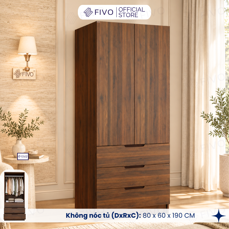 Tủ Đựng Quần Áo Gỗ Cao Cấp FC09 FIVO, Thiết Kế Cánh Mở Sâu 60cm, Kèm Ngăn Kéo, Freeship+Free Lắp Đặt, Trả Góp 0%