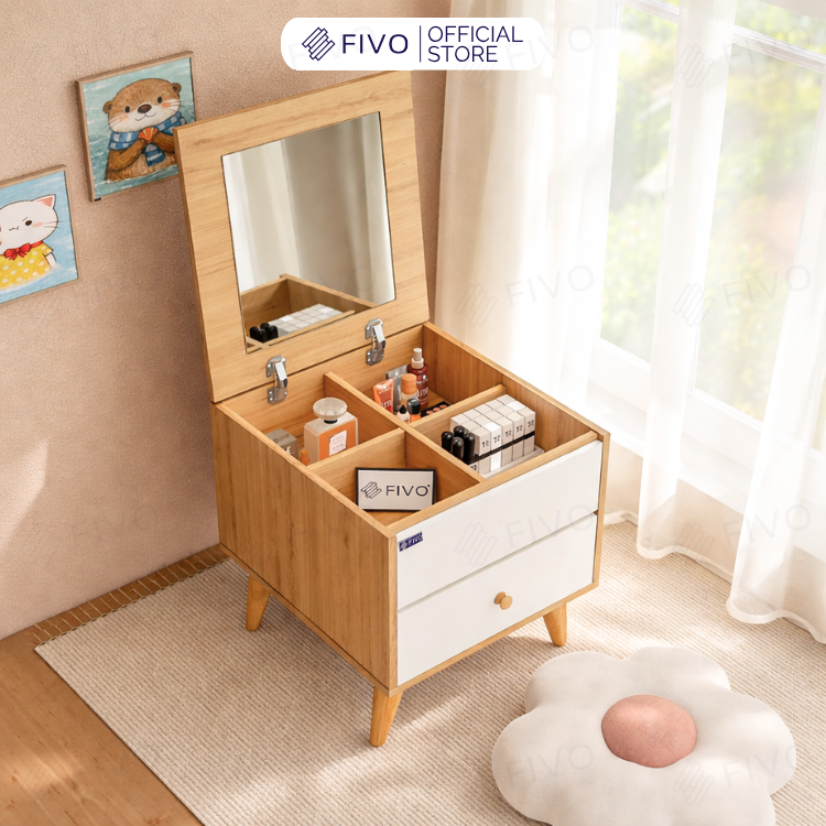 Bàn Trang Điểm Mini Ngồi Bệt Gương Gập Đa Năng FV02 FIVO, Kết Hợp Làm Bàn Học, Hộc Kéo Rộng Rãi, Thiết Kế Không Lộ Vít