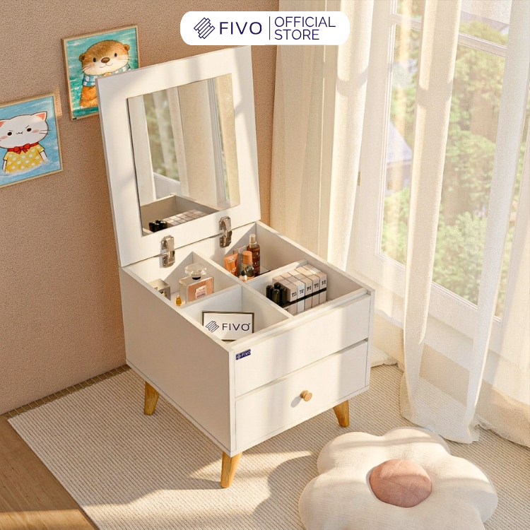 Bàn Trang Điểm Mini Ngồi Bệt Gương Gập Đa Năng FV02 FIVO, Kết Hợp Làm Bàn Học, Hộc Kéo Rộng Rãi, Thiết Kế Không Lộ Vít
