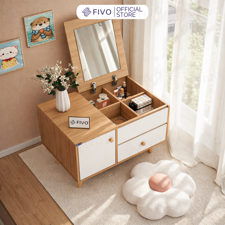Bàn Trang Điểm Mini Ngồi Bệt Gương Gập Đa Năng FV02 FIVO, Kết Hợp Làm Bàn Học, Hộc Kéo Rộng Rãi, Thiết Kế Không Lộ Vít