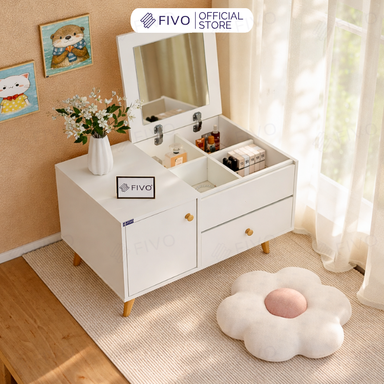 Bàn Trang Điểm Mini Ngồi Bệt Gương Gập Đa Năng FV02 FIVO, Kết Hợp Làm Bàn Học, Hộc Kéo Rộng Rãi, Thiết Kế Không Lộ Vít