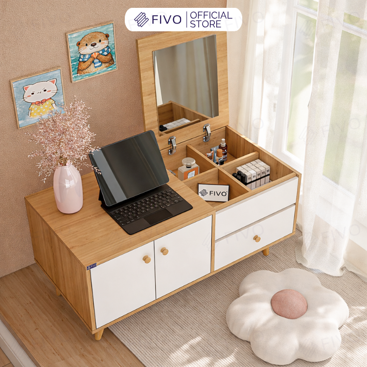 Bàn Trang Điểm Mini Ngồi Bệt Gương Gập Đa Năng FV02 FIVO, Kết Hợp Làm Bàn Học, Hộc Kéo Rộng Rãi, Thiết Kế Không Lộ Vít