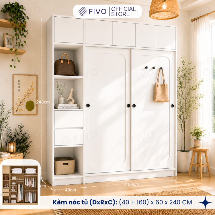 Tủ Quần Áo Gỗ Cửa Lùa Cao Cấp FC37 FIVO, Gỗ Dày 17mm Độ Sâu 60cm, Kèm Hệ Trang Trí, Freeship+Free Lắp Đặt, Trả Góp 0%