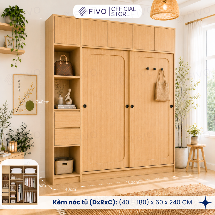 Tủ Quần Áo Gỗ Cửa Lùa Cao Cấp FC37 FIVO, Gỗ Dày 17mm Độ Sâu 60cm, Kèm Hệ Trang Trí, Freeship+Free Lắp Đặt, Trả Góp 0%