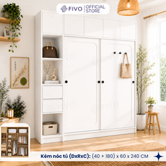 Tủ Quần Áo Gỗ Cửa Lùa Cao Cấp FC37 FIVO, Gỗ Dày 17mm Độ Sâu 60cm, Kèm Hệ Trang Trí, Freeship+Free Lắp Đặt, Trả Góp 0%