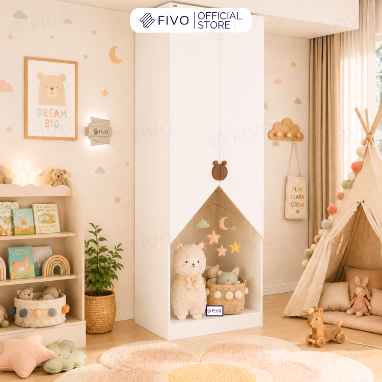 Tủ Gỗ Đựng Quần Áo Trẻ Em Cao Cấp FC03 FIVO, Tủ Sâu 60cm, Thiết Kế Hình Ngôi Nhà Độc Đáo, Freeship+Free lắp đặt, Trả Góp