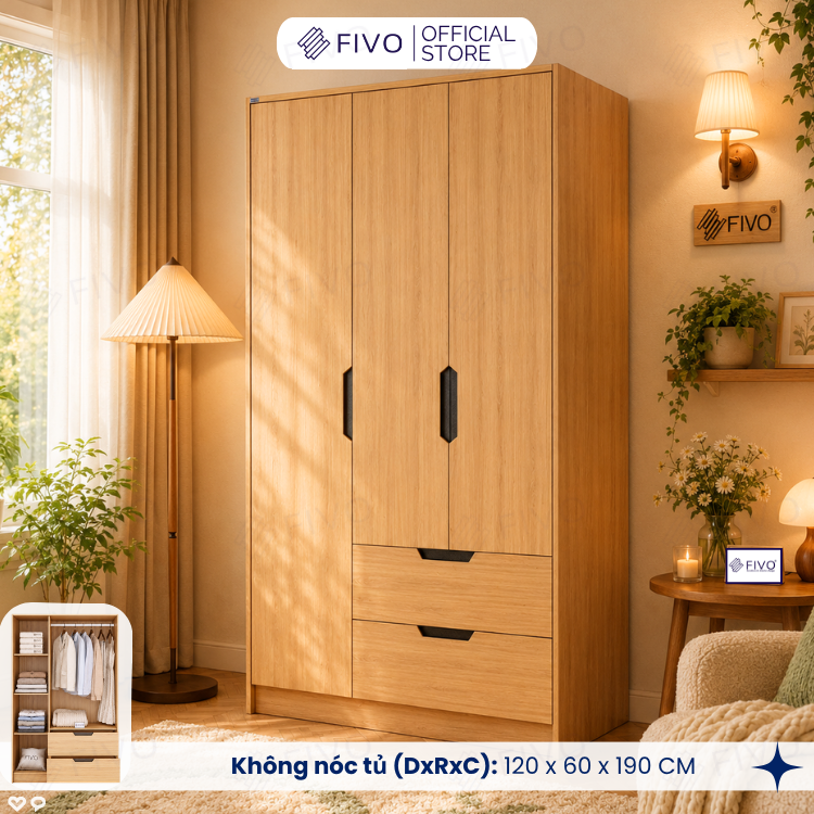 Tủ Đựng Quần Áo Gỗ Cao Cấp FC07 FIVO, Dày 17MM Cánh Mở Sâu 60cm Kèm Kệ Trang Trí, Freeship+Free lắp đặt, Trả Góp 0