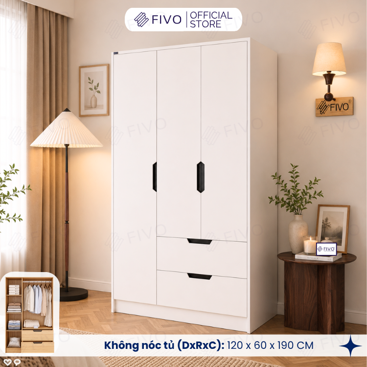 Tủ Đựng Quần Áo Gỗ Cao Cấp FC07 FIVO, Dày 17MM Cánh Mở Sâu 60cm Kèm Kệ Trang Trí, Freeship+Free lắp đặt, Trả Góp 0