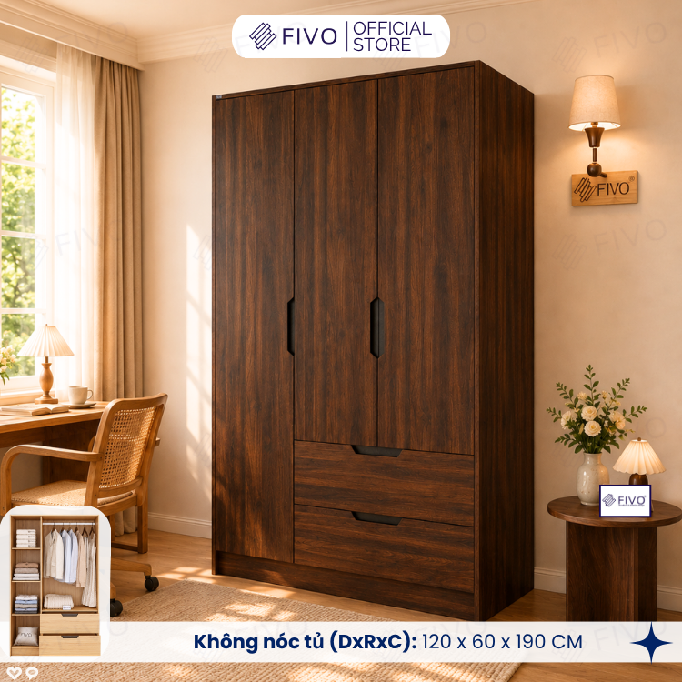 Tủ Đựng Quần Áo Gỗ Cao Cấp FC07 FIVO, Dày 17MM Cánh Mở Sâu 60cm Kèm Kệ Trang Trí, Freeship+Free lắp đặt, Trả Góp 0