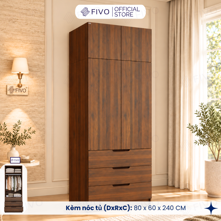 Tủ Đựng Quần Áo Gỗ Cao Cấp FC09 FIVO, Thiết Kế Cánh Mở Sâu 60cm, Kèm Ngăn Kéo, Freeship+Free Lắp Đặt, Trả Góp 0%