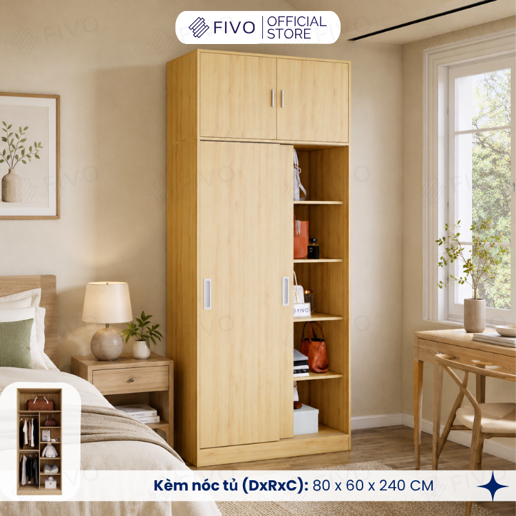 Tủ Áo Quần Cửa Trượt FIVO FC31 Gỗ Chống Ẩm, Màu Walnut Ấm Cúng Cho Phòng Ngủ, Trả Góp 0%, Freeship + Free lắp đặt
