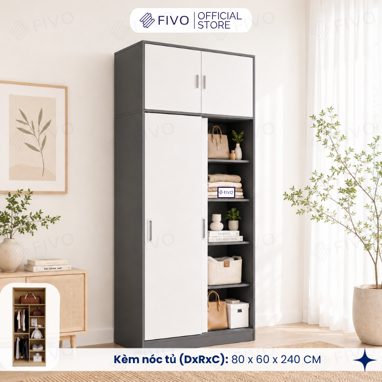 Tủ Áo Quần Cửa Trượt FIVO FC31 Gỗ Chống Ẩm, Màu Walnut Ấm Cúng Cho Phòng Ngủ, Trả Góp 0%, Freeship + Free lắp đặt