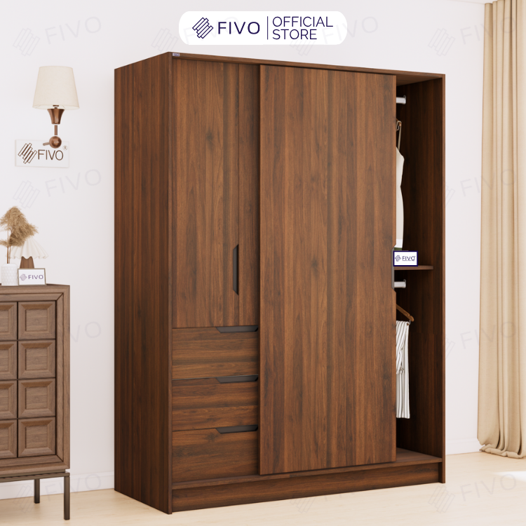 Tủ Gỗ Quần Áo Cửa Lùa Cao Cấp FC33 FIVO, Gỗ Dày 17mm, Kèm Hệ Kệ Trang Trí Sâu 60cm, Freeship+Free lắp đặt, Trả Góp 0%