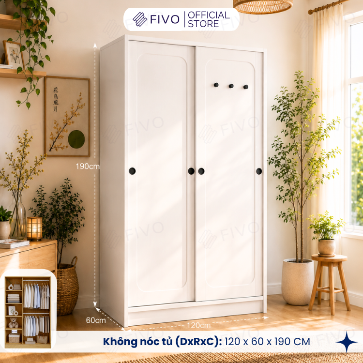 Tủ Quần Áo Gỗ Cửa Lùa Cao Cấp FC37 FIVO, Gỗ Dày 17mm Độ Sâu 60cm, Kèm Hệ Trang Trí, Freeship+Free Lắp Đặt, Trả Góp 0%