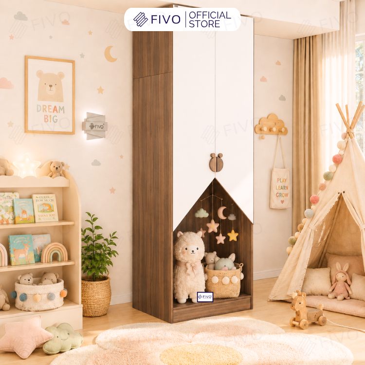 Tủ Gỗ Đựng Quần Áo Trẻ Em Cao Cấp FC03 FIVO, Tủ Sâu 60cm, Thiết Kế Hình Ngôi Nhà Độc Đáo, Freeship+Free lắp đặt, Trả Góp