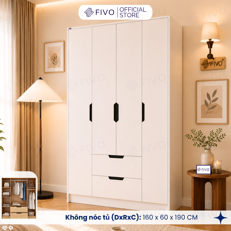 Tủ Đựng Quần Áo Gỗ Cao Cấp FC07 FIVO, Dày 17MM Cánh Mở Sâu 60cm Kèm Kệ Trang Trí, Freeship+Free lắp đặt, Trả Góp 0