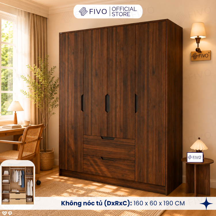 Tủ Đựng Quần Áo Gỗ Cao Cấp FC07 FIVO, Dày 17MM Cánh Mở Sâu 60cm Kèm Kệ Trang Trí, Freeship+Free lắp đặt, Trả Góp 0