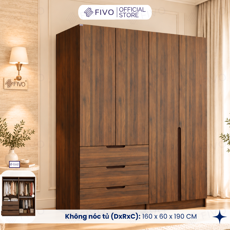 Tủ Đựng Quần Áo Gỗ Cao Cấp FC09 FIVO, Thiết Kế Cánh Mở Sâu 60cm, Kèm Ngăn Kéo, Freeship+Free Lắp Đặt, Trả Góp 0%