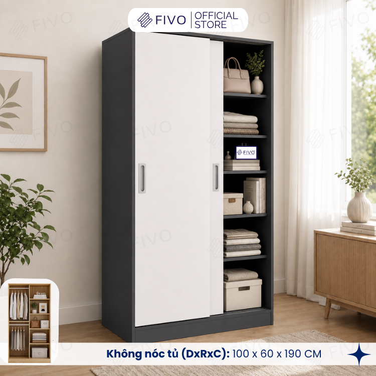 Tủ Áo Quần Cửa Trượt FIVO FC31 Gỗ Chống Ẩm, Màu Walnut Ấm Cúng Cho Phòng Ngủ, Trả Góp 0%, Freeship + Free lắp đặt