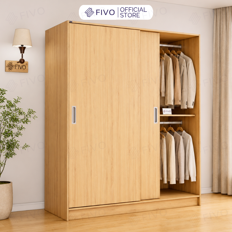 Tủ Quần Áo Gỗ Cửa Lùa Cao Cấp FC34 FIVO, Gỗ Dày 17mm Độ Sâu 60cm, Kèm Hệ Kệ Trang Trí, Freeship+Free lắp đặt, Trả Góp 0%