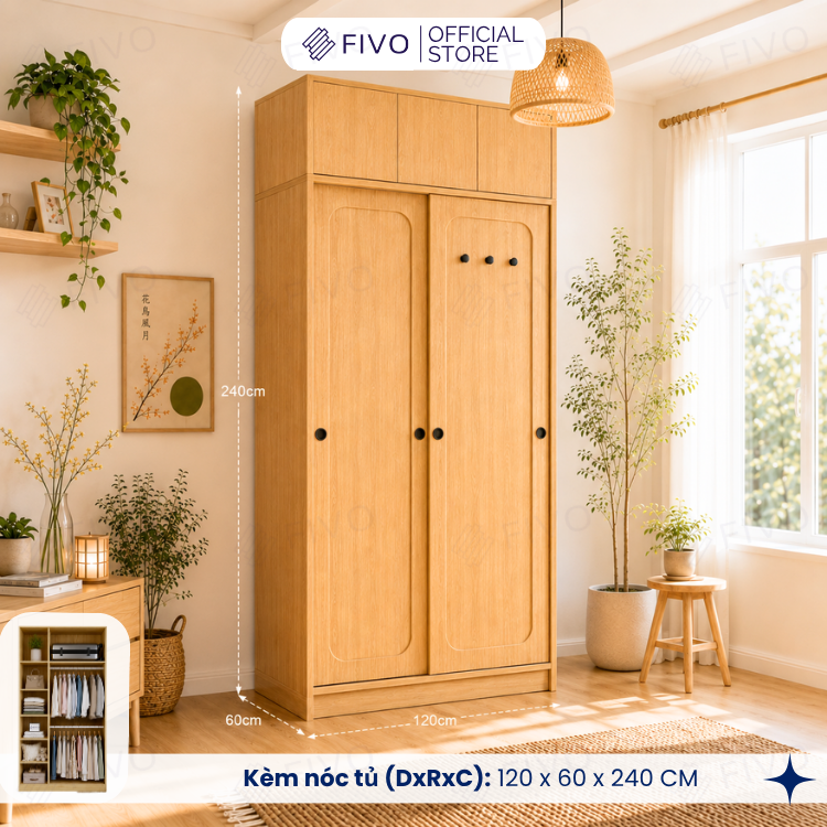Tủ Quần Áo Gỗ Cửa Lùa Cao Cấp FC37 FIVO, Gỗ Dày 17mm Độ Sâu 60cm, Kèm Hệ Trang Trí, Freeship+Free Lắp Đặt, Trả Góp 0%