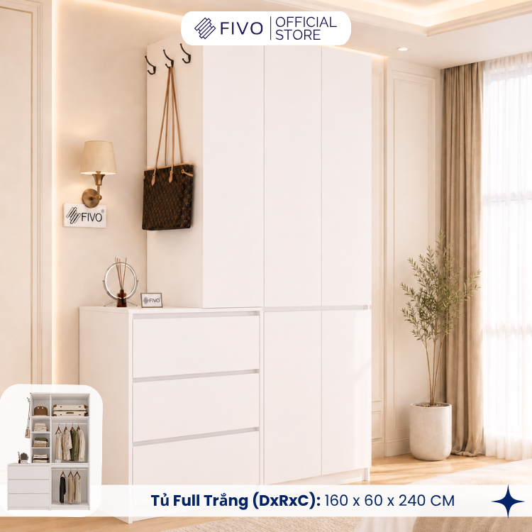 Tủ Quần Áo Gỗ Cửa Mở Cao Cấp FC11 FIVO, Sâu 60cm Kèm Hệ Tủ Ngăn Kéo, Freeship+Free lắp đặt, Trả Góp 0%
