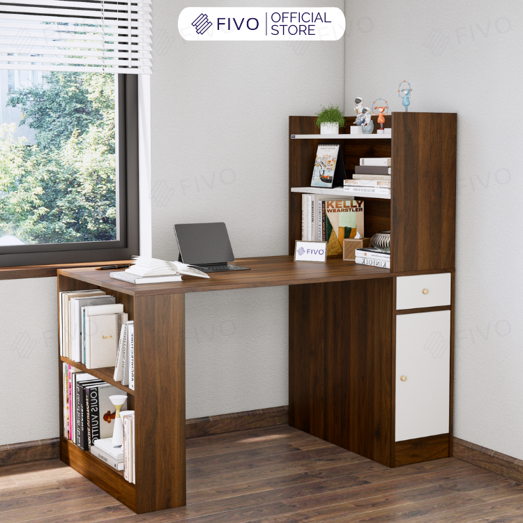 Bộ Bàn Ghế Làm Việc Kết Hợp Kệ Sách FD04 FIVO, Gỗ Chống Ẩm Cao Cấp, Thiết Kế 3 Trong 1